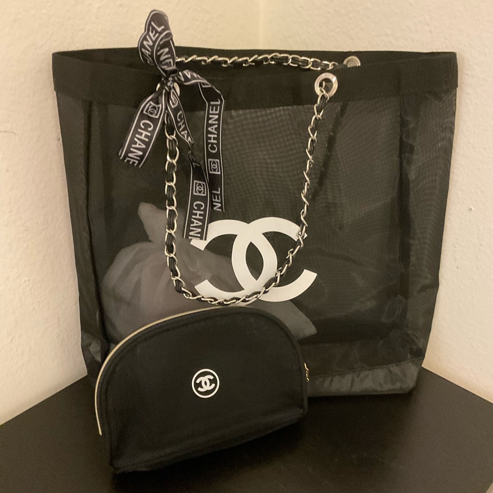 NIP CHANEL Beauty Mesh Tote Bag & Makeup Pouch Set of 2